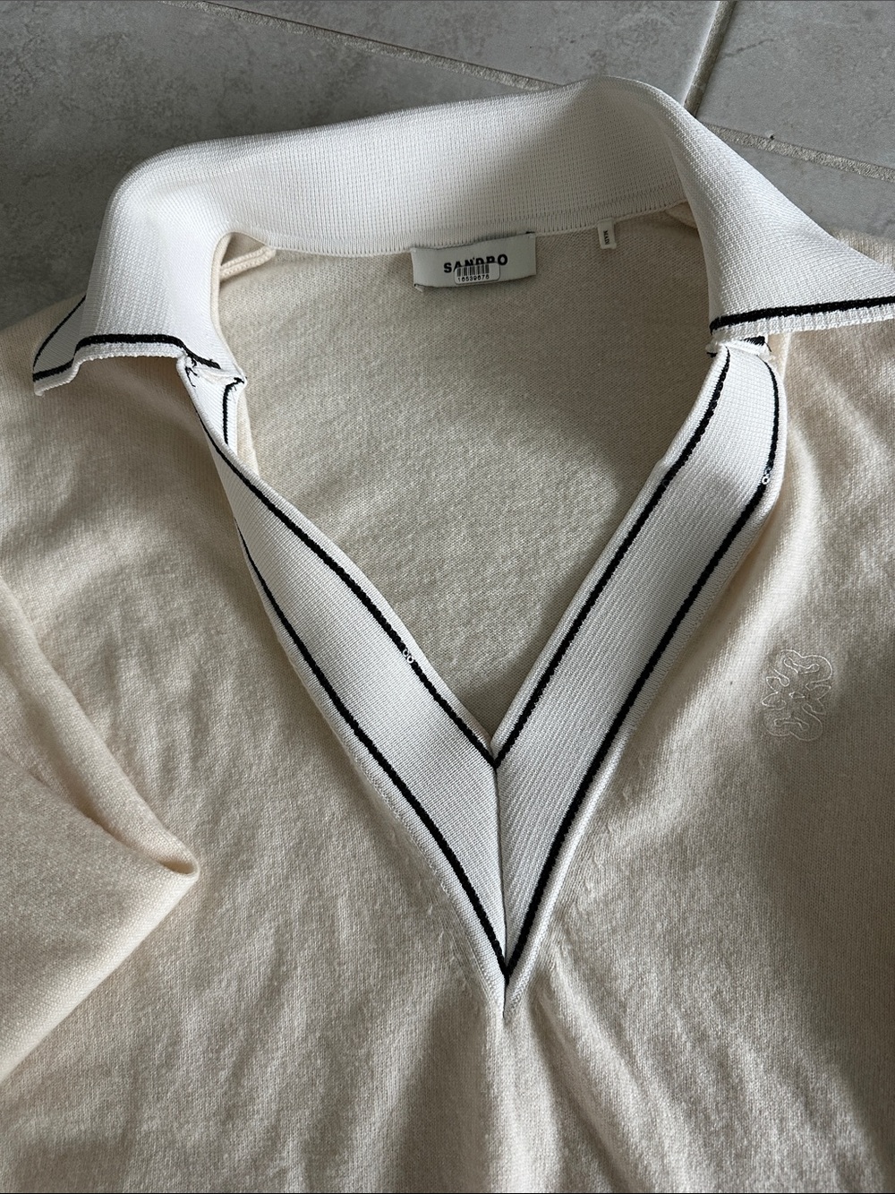 Sandro Cream V-Neck Polo Sweater with White Trim and Black Piping